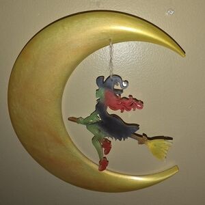 Wall Decore Witch On Broom Hanging From Cresent Moonwall Hanging